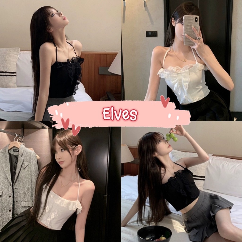Elves พร้อมส่ง เสื้อคล้องคอไหมพรม แบบผูก ระบายลูกไม้น่ารัก ~M1051~
