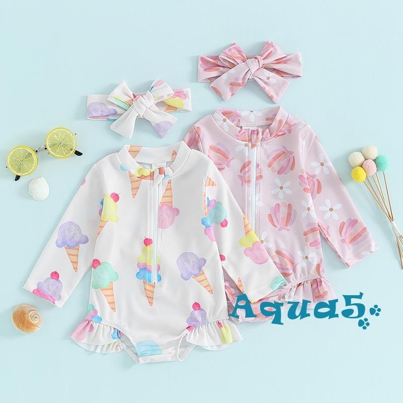 Aqq- ชุดว่ายน้ําบิกินี่ แขนยาว พิมพ์ลายดอกไม้ / ไอศกรีม มีซิป สไตล์ชายหาด ฤดูร้อน สําหรับเด็กผู้หญิง