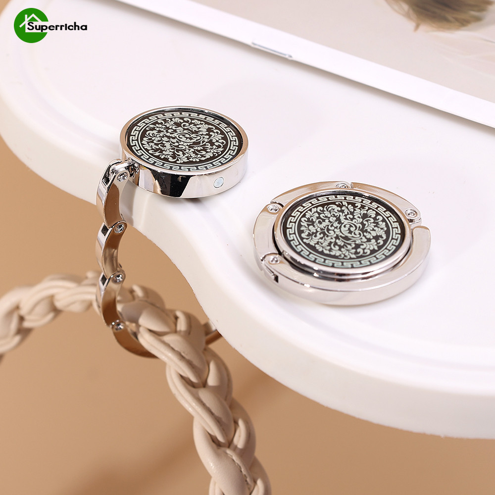 เดินทางกุญแจกระเป๋าถือตะขอตาราง-ทนทานแบบพกพาแขวนกระเป๋าแร็ค-สีดําสีขาวดอกไม้พับแขวนกระเป๋า-วินเทจแฟชั่นผู้หญิงกระเป๋าที่เก็