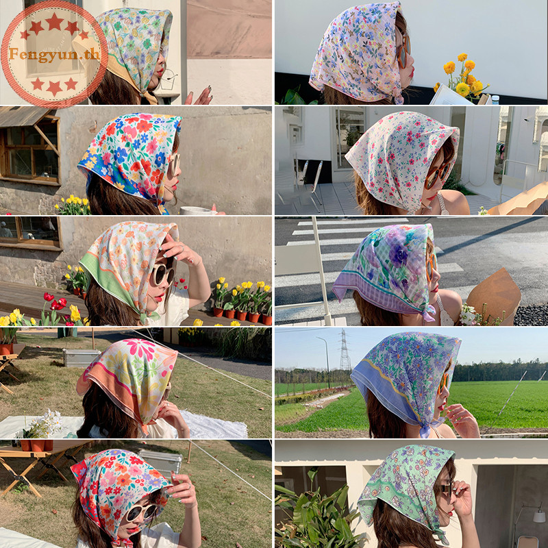 Fengyun ผ้าพันคอ ผ้าคาดผม แบบนิ่ม ทรงสี่เหลี่ยม ลายดอกไม้น่ารัก ขนาดเล็ก 55 ซม. แฟชั่นสไตล์เกาหลี สําหรับผู้หญิง