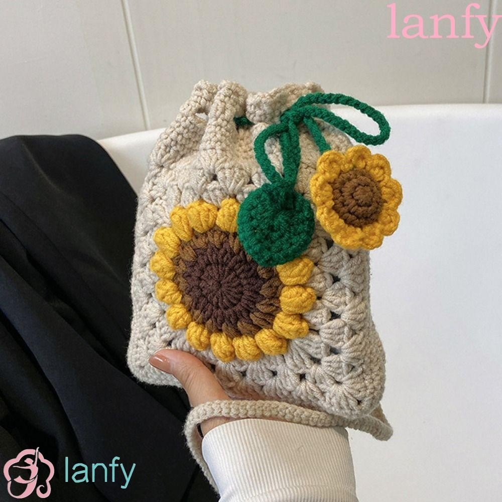 Lanfy กระเป๋าสะพายไหล่ ผ้าถักโครเชต์ ลายดอกทานตะวัน แฮนด์เมด สําหรับเด็ก
