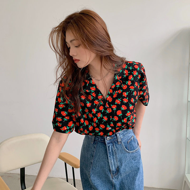เสื้อเชิ้ตแขนสั้น ทรงหลวม พิมพ์ลาย อเนกประสงค์ สไตล์เกาหลี และฮ่องกง เรโทร แฟชั่นฤดูร้อน สําหรับผู้หญิง