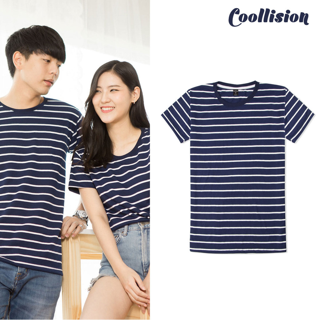 #Coollision-Mini navy เสื้อยืดลายทางพื้นสีกรมท่า เส้นสีขาวเล็ก unisex ผ้าไม่ลื่นสีไม่ตก