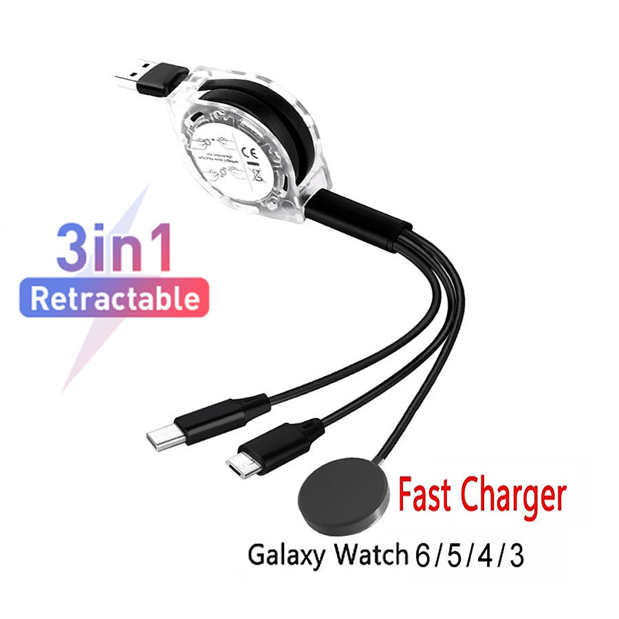 3 in 1 สายชาร์จ พับเก็บได้ สําหรับ Samsung Phone Galaxy Watch 6 5 Pro 4 3 Active2 1 พร้อมสายเคเบิล Type C Micro USB S23 Ultra