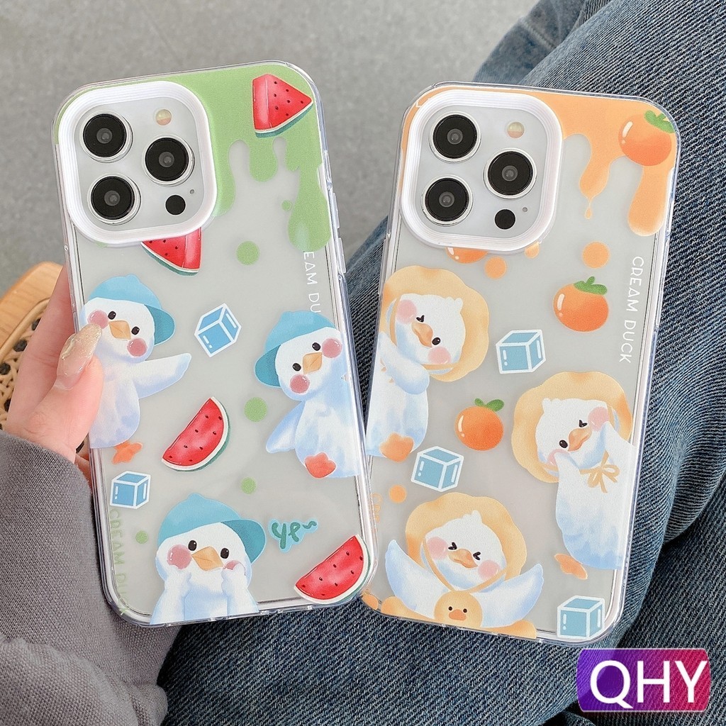 Qhy - เคสโทรศัพท์มือถือแบบใส ขอบหนา กันกระแทก ลายผลไม้ เป็ดน่ารัก สําหรับ iphone 15 14 6s 7 8 plus XR SE3 11 12 13 pro max 2 in 1