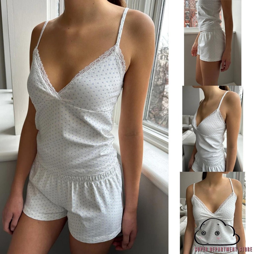 Super- ชุดนอน เสื้อสายเดี่ยว พิมพ์ลายหัวใจ และกางเกงขาสั้น แบบยืดหยุ่น สําหรับผู้หญิง 2 ชิ้น