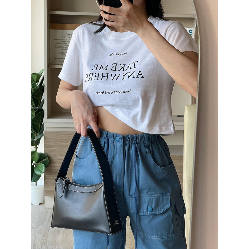 [ส่งจากโรงงาน]ออก24ชั่วโมง OOOK ใส่ในการเดินทางเสื้อยืดผู้หญิงคอกลมแขนสั้นสีขาวเข้ารูปเรียบง่ายเข้าชุดง่าย