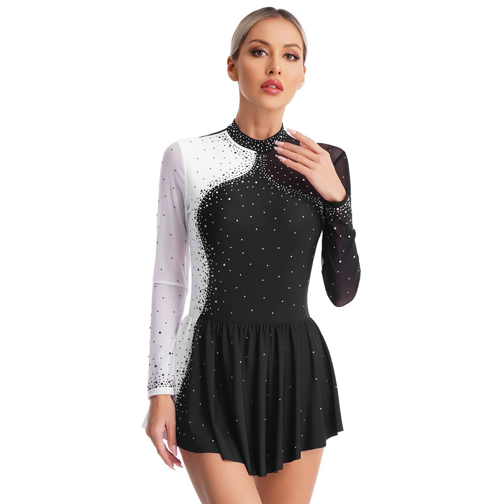 Yeahdor Womens Sparkly Rhinestone Figure Skating Dance Dress Contrast Color Long Sleeve Mock Neck Dresses