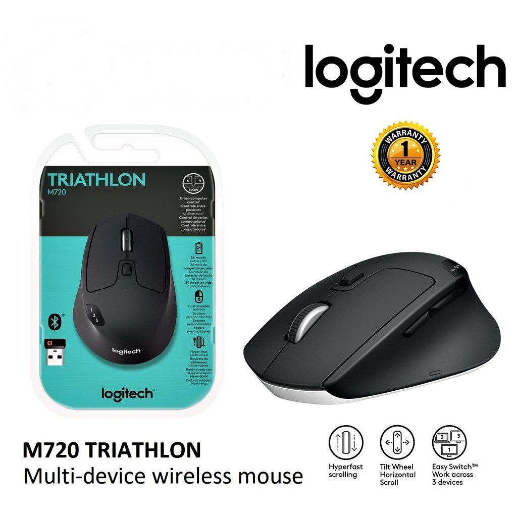 เม้าส์ไร้เสียง ⚡️เมาส์ไร้สาย⚡️ LOGITECH M720 Triathlon Multi-Device Wireless Mouse, Bluetooth 1000 DPI, 8 Buttons