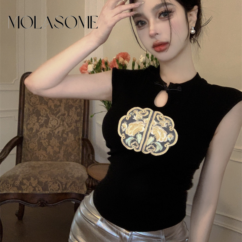 Molasome เสื้อยืดลําลอง คอกลม แขนกุด เข้ารูป ฉลุลาย สําหรับสตรี 2024