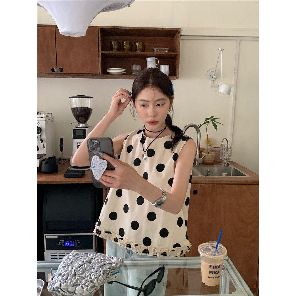 ซูซี สไตล์เกาหลีอเนกประสงค์แฟชั่นย้อนยุคลายจุดเสื้อแขนกุดผู้หญิงด้านบน 240404