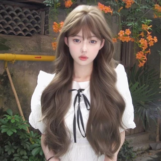 GDS Wigs วิกผมลอนคลื่นสีน้ำตาลหม่นเขียวประกายเทา มีหน้าม้า (ยาว 68 cm) แถมเน็ตผม