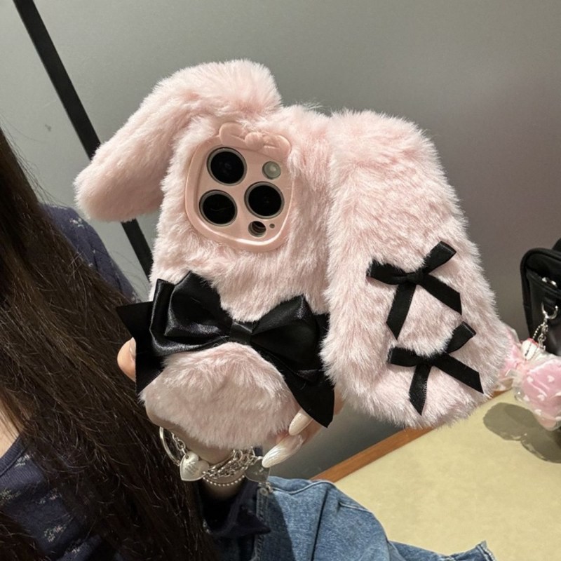 น่ารักโบว์ปุยมีขนดกกระต่ายหูตุ๊กตาสัตว์กรณีโทรศัพท์สําหรับ ไอโฟน 16 15 บวก 14 13 12 11 มือโปร สูงสุด ทีพียู นุ่มอบอุ่นตุ๊กตาขนปก