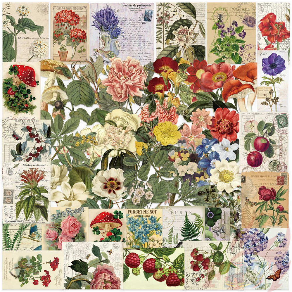 ❉ สติ๊กเกอร์ PET ศิลปะดอกไม้ย้อนยุค ❉ 50 ชิ้น/เซ็ต DIY แฟชั่นสติ๊กเกอร์กันน้ํา Doodle สติ๊กเกอร์