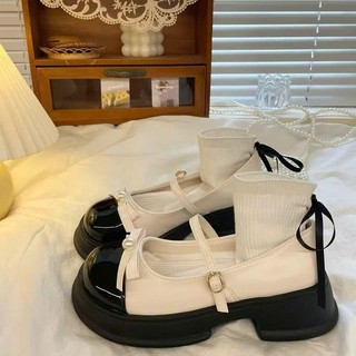 (Đặt lùi 1 size) Giày búp bê lolita nữ đế dầy thời trang mũi tròn 2 màu kem , đen da mềm đính nơ cao 5 phân cực đẹp