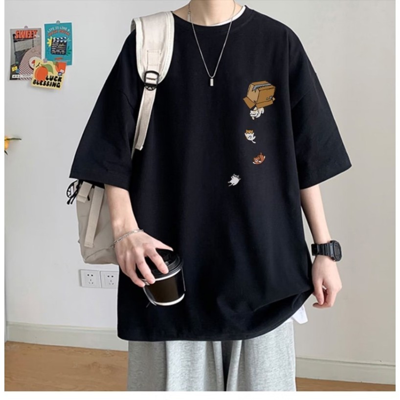 [พลัสไซซ์ 8xl] เกาหลี หลวม ฟิตติ้ง เทรนด์แฟชั่น ใหม่ อเมริกัน วินเทจ การ์ตูนลูกแมว พิมพ์ เสื้อยืด คอกลม ผ้าฝ้ายนุ่ม ลําลอง ผู้ชาย อเนกประสงค์ ชุดคู่รัก