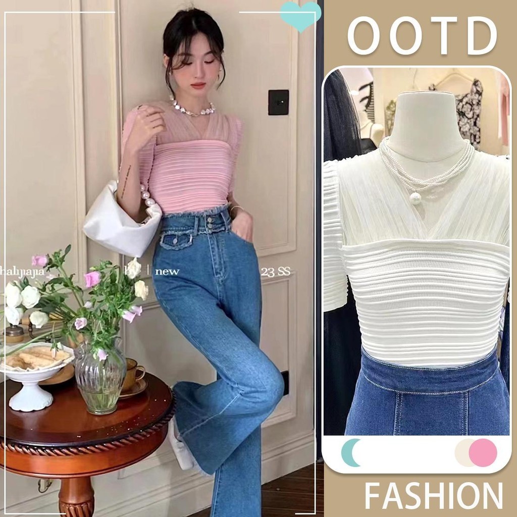 mimi&didi.เสื้อครอปน่ารักผู้หญิง คอวี เสื้อยืดแขนสั้นทรงสลิมฟิตสไตล์เกาหลีหวานและเผ็ด รูปร่างที่เป็นเอกลักษณ์มาก#U341