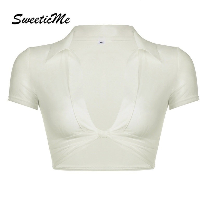 SweeticMe ผู้หญิงใหม่ลําลองแฟชั่นสีทึบเปิดลงคอปกแขนสั้น Crop Streetwear เสื้อยืด ราคา ถูกที่สุด ดีลบีเคเค