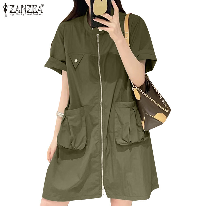 Zanzea ชุดเดรส ทรงหลวม แขน 3/4 คอปกตั้ง มีกระเป๋า แฟชั่นเกาหลี สําหรับผู้หญิง