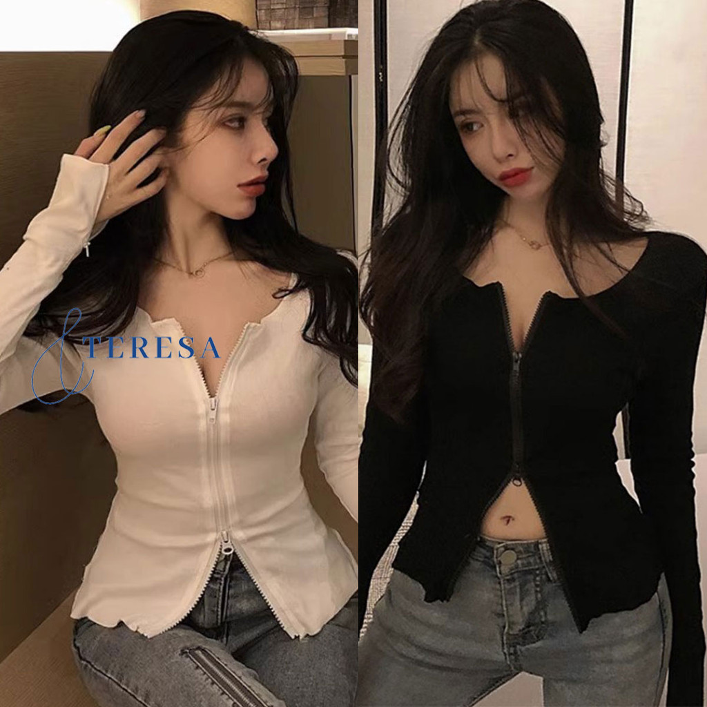 เสื้อครอปแขนยาว เว้าเอวเว้าอก โชว์เบาๆ แอบเซ็กซี่ แต่งซิปหน้าใช้งานได้จริง สไตล์เกาหลี
