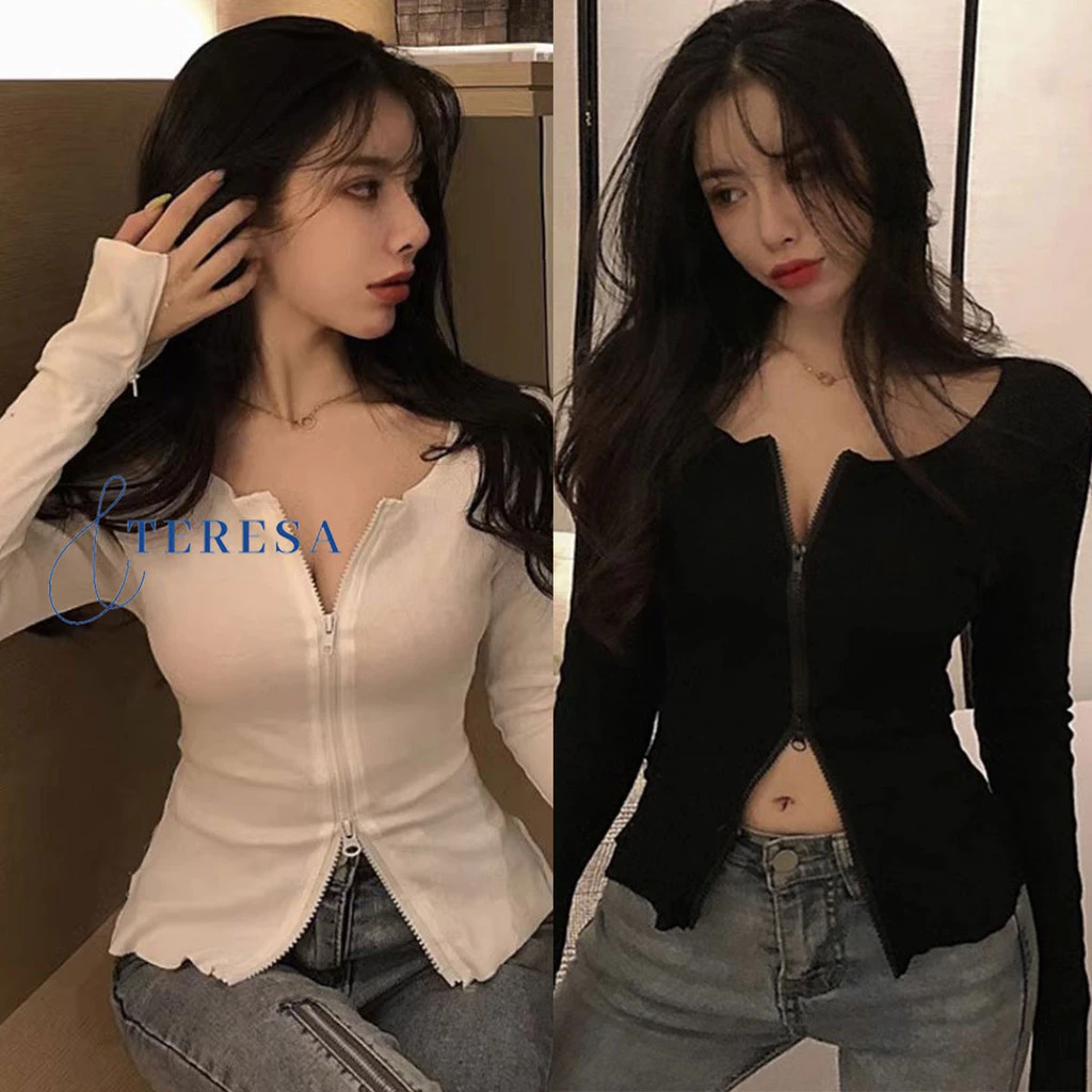 เสื้อครอปแขนยาว เว้าเอวเว้าอก โชว์เบาๆ แอบเซ็กซี่ แต่งซิปหน้าใช้งานได้จริง สไตล์เกาหลี