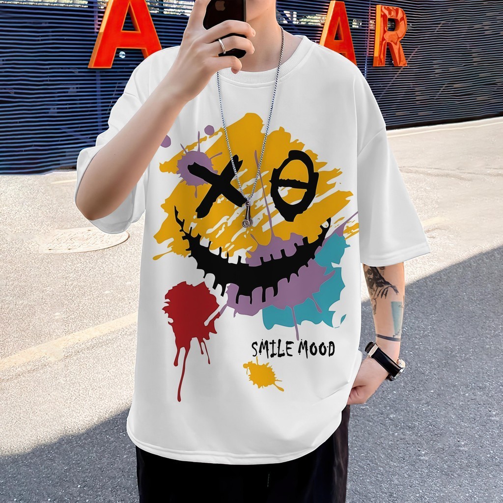 Streetwear คู่ฤดูร้อนสนุก 3D พิมพ์ยิ้ม Face ผู้ชายและผู้หญิงแขนสั้นขนาดใหญ่เสื้อยืด 2567