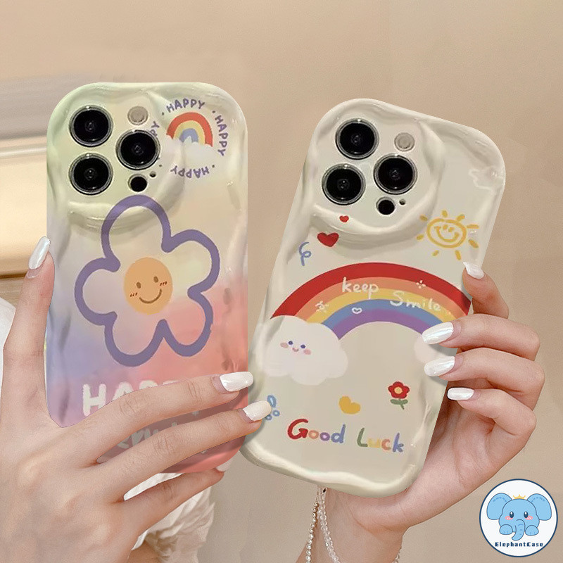 การ์ตูนโชคดีรุ้งแสงแดดเมฆกรณีดอกไม้ iPhone 15 11 13 XR 12 14 Pro Max X XS Max 7 8 Plus 12 mini ปลอกกันกระแทกสำหรับคู่รัก