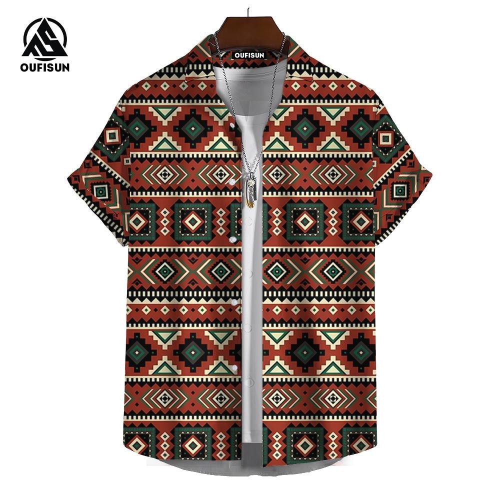 เสื้อเชิ้ตแขนสั้นลําลอง พิมพ์ลาย สไตล์โบฮีเมียน วินเทจ ฮาราจูกุ แฟชั่นสําหรับผู้ชาย 2024
