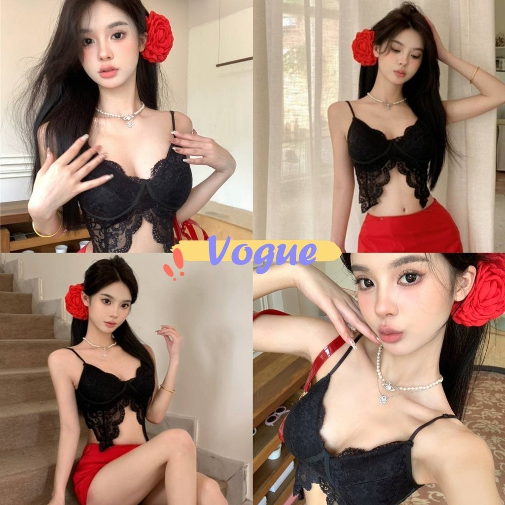 Vogue🌟พร้อมส่ง🌟 เสื้อสายเดี่ยว มีฟองน้ำบางๆ ดีเทลลวดลายลูกไม้ (FY3045)