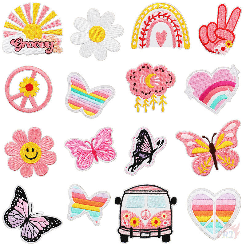 ☸ The Pink Vibes Q-2:Butterfly / Peace Bus / Sunshine / Heart / Flowers Iron-On Patch ☸ 1 ชิ้น DIY เ