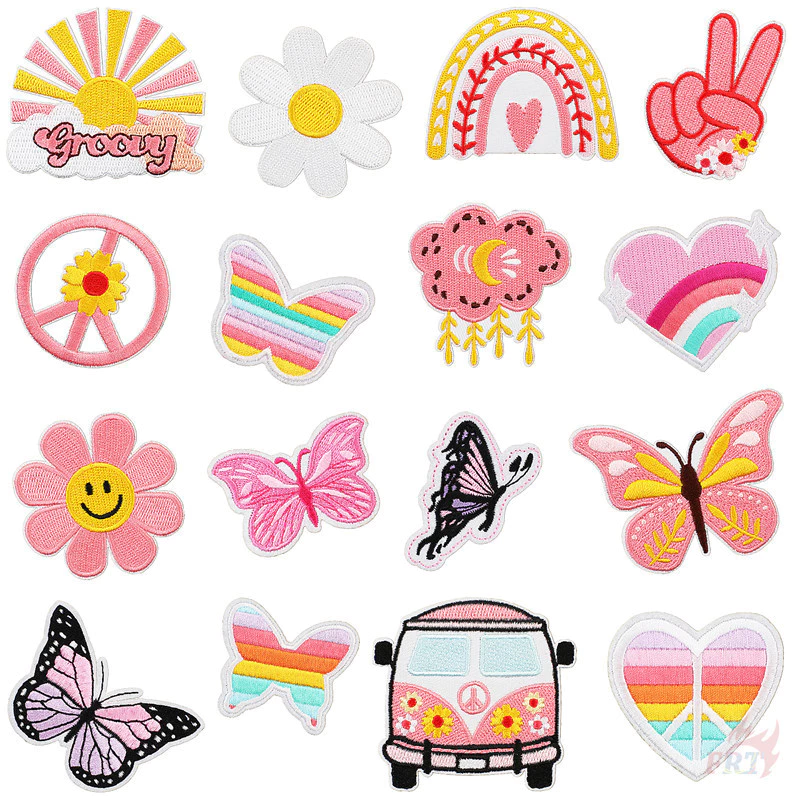 ☸ The Pink Vibes Q-2:Butterfly / Peace Bus / Sunshine / Heart / Flowers Iron-On Patch ☸ 1 ชิ้น DIY เย็บบนเหล็กบนป้ายแพทช์