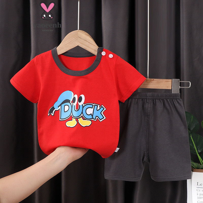 【YAOEENH】พร้อมส่ง ชุดเสื้อยืด กางเกงขาสั้น ผ้าฝ้ายแท้ ลายการ์ตูน สองชิ้น สไตล์เกาหลี แฟชั่นฤดูร้อน สําหรับเด็กผู้ชาย และเด็กผู้หญิง 80-130 ซม.