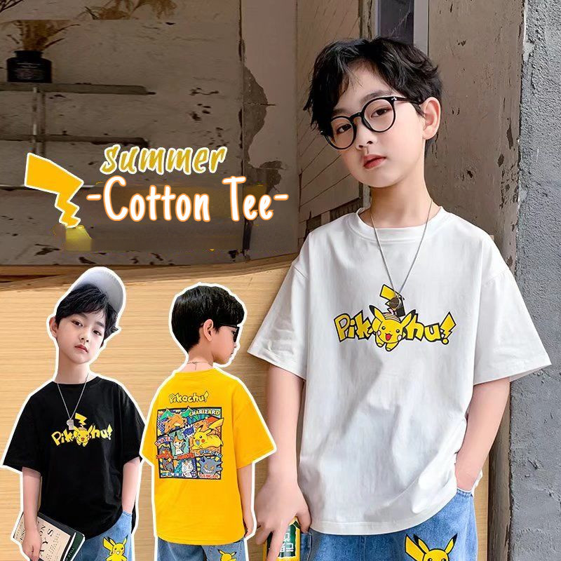 [Boy Top] (110-170 ซม.) เสื้อยืดแขนสั้น ผ้าฝ้าย 100% พิมพ์ลายการ์ตูน ทรงหลวม สําหรับเด็กนักเรียน