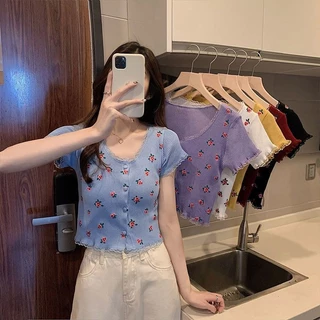 ถักแขนสั้นเสื้อยืดผู้หญิงฤดูร้อนรูปแบบใหม่การออกแบบความรู้สึกดอกไม้เล็กๆ bm Navel-Exposed Hot Girl Simple All-Match สั้น ins