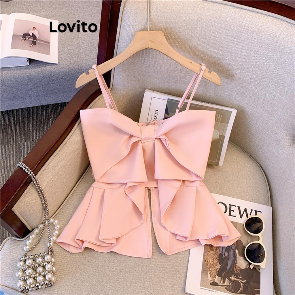 Lovito เสื้อสายเดี่ยวผู้หญิง แต่งโบว์ สีพื้น สไตล์ลำลอง LNE44417
