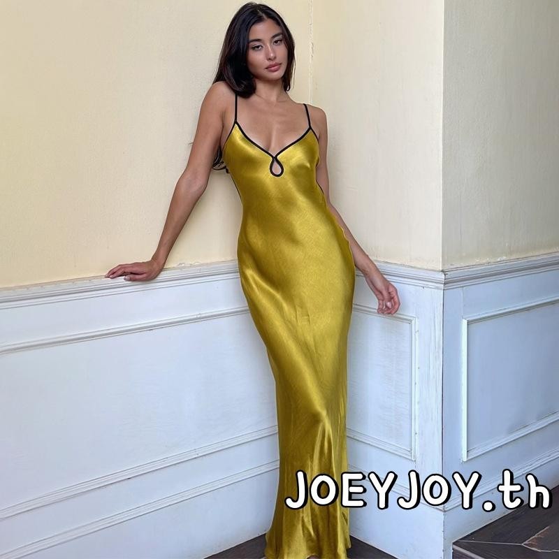 Joeyjoy-ชุดเดรสยาวฤดูร้อนสําหรับผู้หญิงสีทึบแขนกุดคอวีลึกผูกชุดเดรสปาร์ตี้สําหรับวันหยุดเย็น