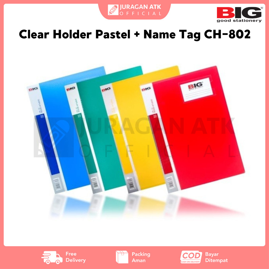 ที่ใส่ใสพาสเทล + ป้ายชื่อ BIG CH-802 F4 Folio File Pocket 40 Pocket + ป้ายชื่อ CH-802