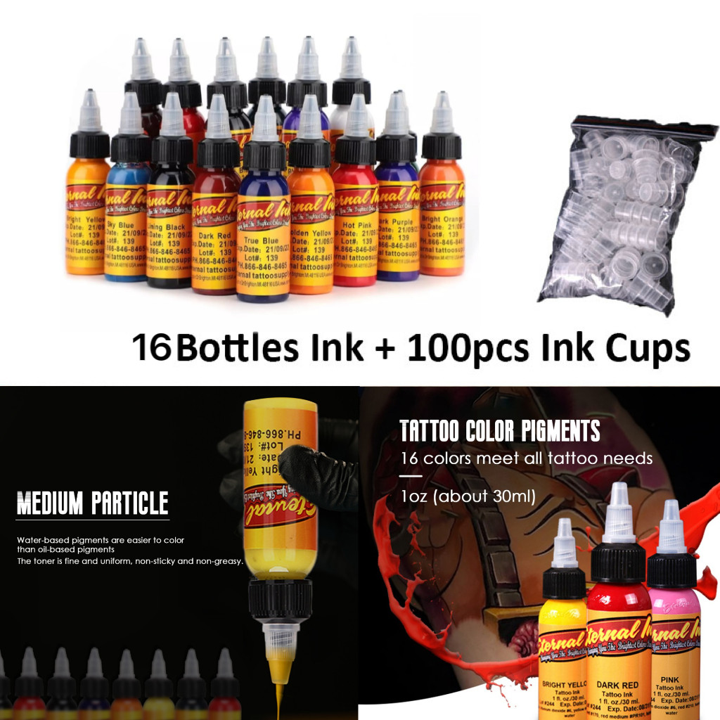 ชุดสีหมึกสัก 16 ชิ้น พร้อมถ้วยหมึก 100 ชิ้น