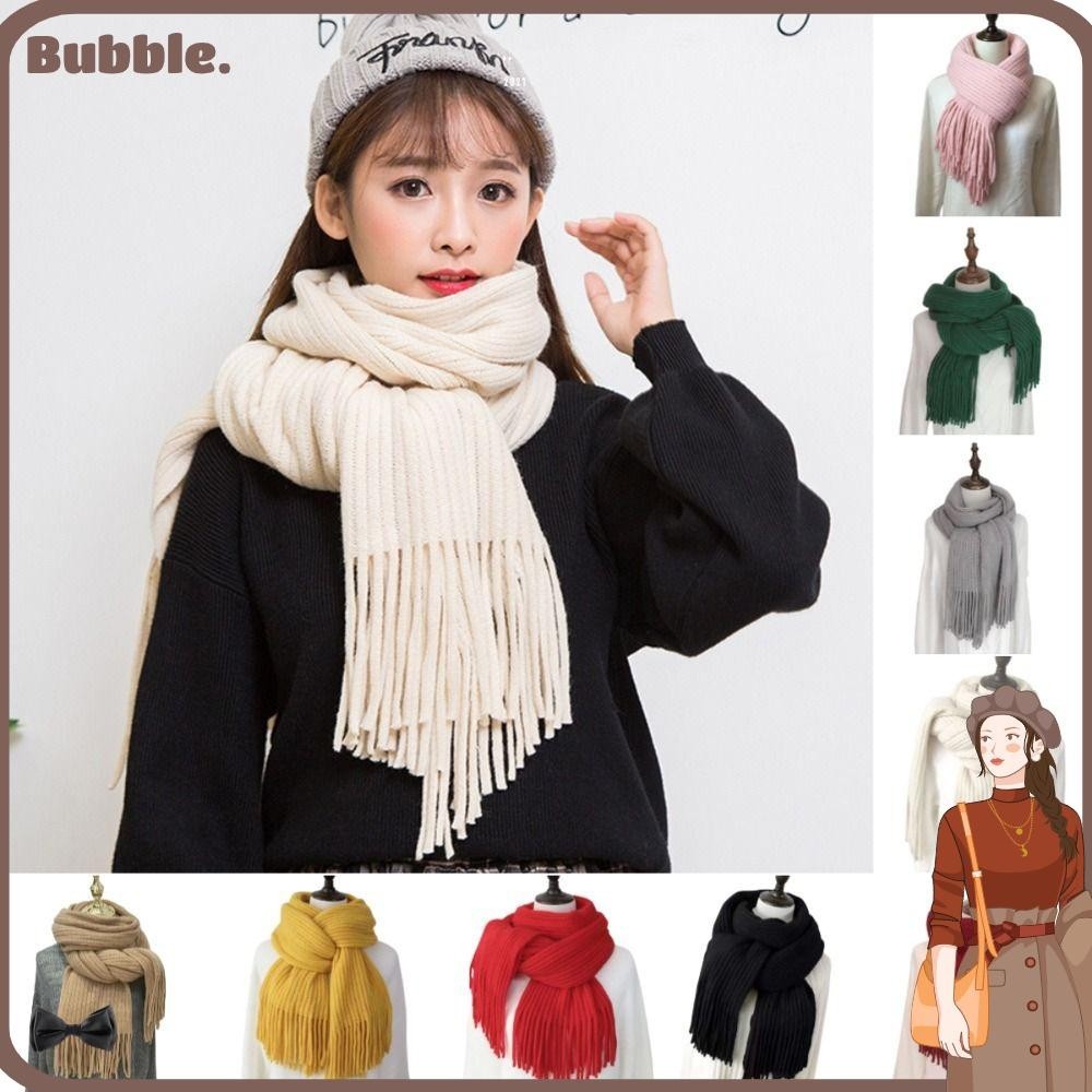 Bubble ผ้าพันคอ ผ้าแคชเมียร์ถัก ประดับพู่ยาว หนานุ่ม อบอุ่น สีพื้น หรูหรา แฟชั่นฤดูหนาว สําหรับผู้หญิง