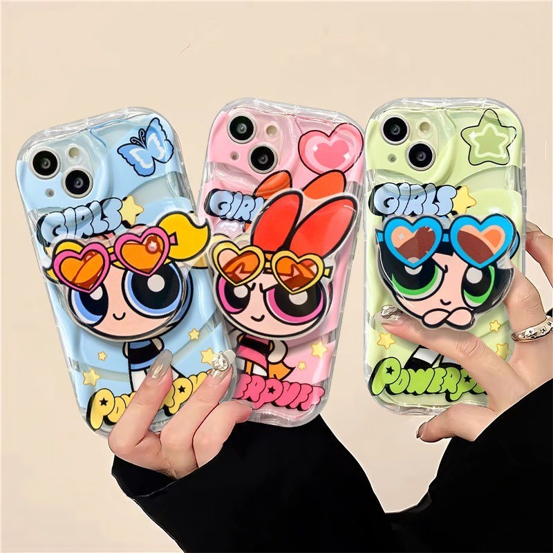 เคสโทรศัพท์มือถือ ลาย Powerpuff Girls 3D พร้อมขาตั้ง สําหรับ iPhone 15 Pro Max 15 Pro 15 Plus 15 14 13 12 Pro Max 13 12 mini