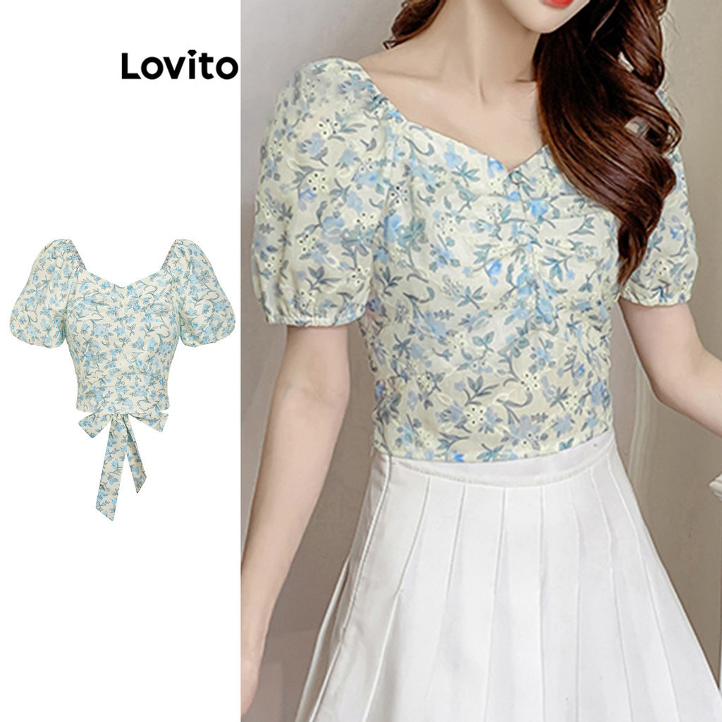 Lovito เสื้อเบลาส์ผู้หญิง แต่งสม็อค แบบผูกหลัง พิมพ์ลายดอกไม้ สไตล์โบโฮ L80ED370