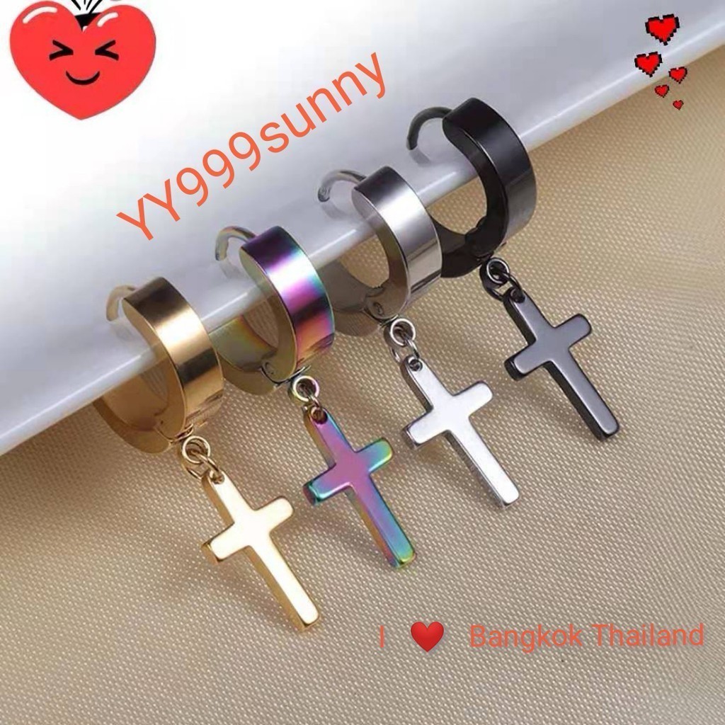 ต่างหู ต้องเจาะหู ตุ้มหู จิว ไม้กางเขน Cross Huggie Earrings for Men Stainless Steel Earing Punk Mal