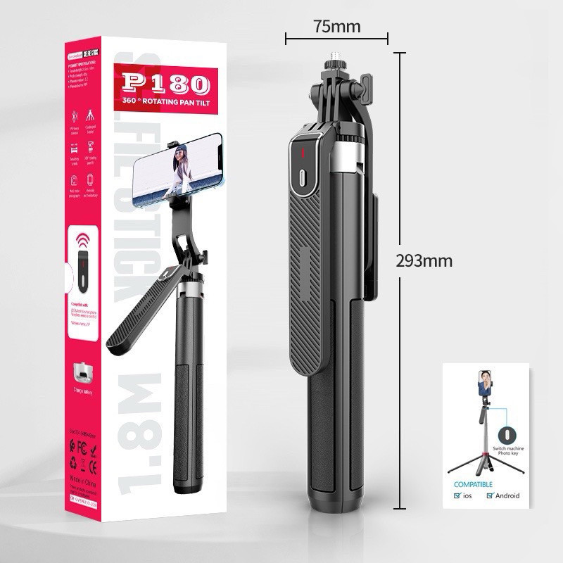 ไม้เซลฟี่ P180 ขาตั้งกล้องไม้เซลฟี่ไร้สาย 1.8m  P180max 2.2m  พับได้มาพร้อมรีโมทบลูทูธ แบบชาร์จไฟ พิ