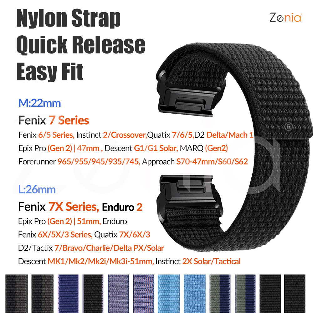 26 มม.22 มม.ไนลอน Quick Fit สายนาฬิกาสําหรับ Garmin Fenix 7X 7 6X 6 Pro พลังงานแสงอาทิตย์ 5X 5 Plus Enduro Forerunner 935 945 MARQ Descent G1 Mk2 Mk3i 51 มม. Approach S60 S62 Gen 2x