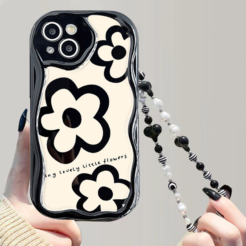 INS Case For เคส iPhone 16 13 15 11 12 14 Pro Max 7 8 15 Plus XR XS Max SE เคสดอกไม้ห้ากลีบสีดำ ขอบคลื่นโปร่งใส