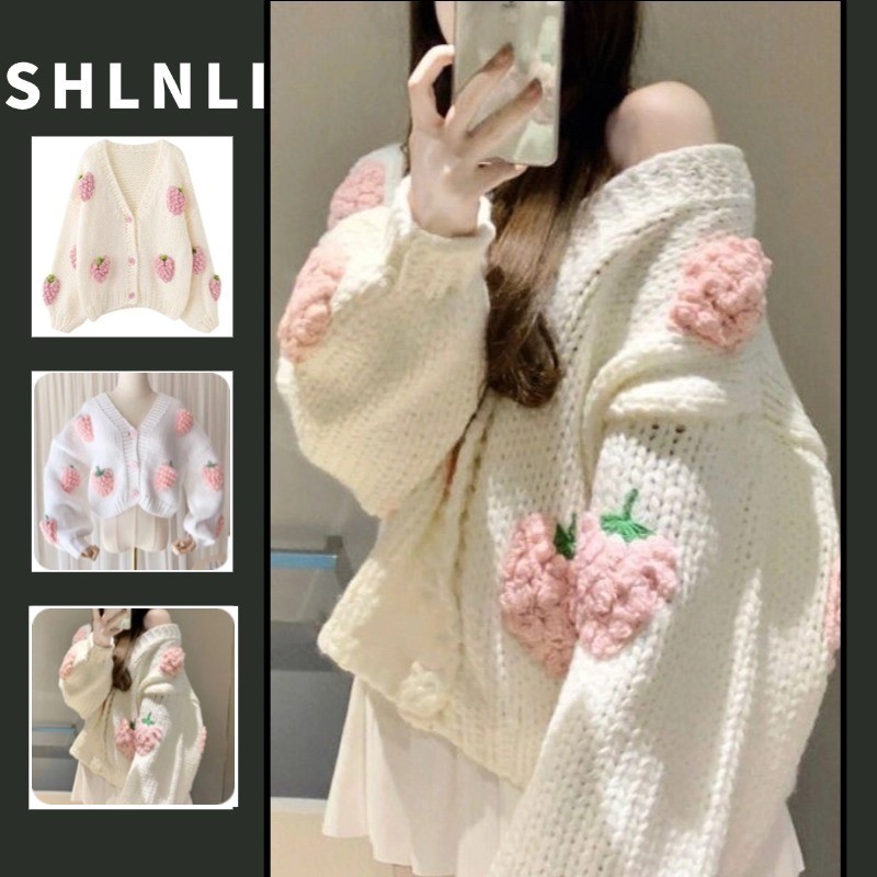ฤดูใบไม้ผลิและฤดูใบไม้ร่วงของผู้หญิงคอวี 3ง ดอกไม้ถักเสื้อกันหนาวหวานอเนกประสงค์สีบล็อกคาร์ดิแกนด้านบน