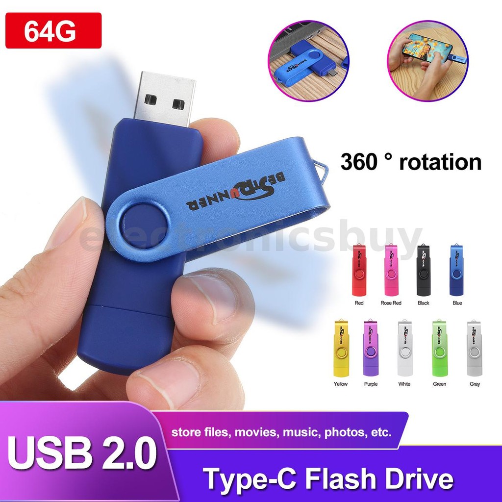 Type-c USB 2.0 64GB แฟลชไดรฟ์ OTG U Disk การหมุน 360 องศาสําหรับ Type-C สมาร์ทโฟนแท็บเล็ตแล็ปท็อป
