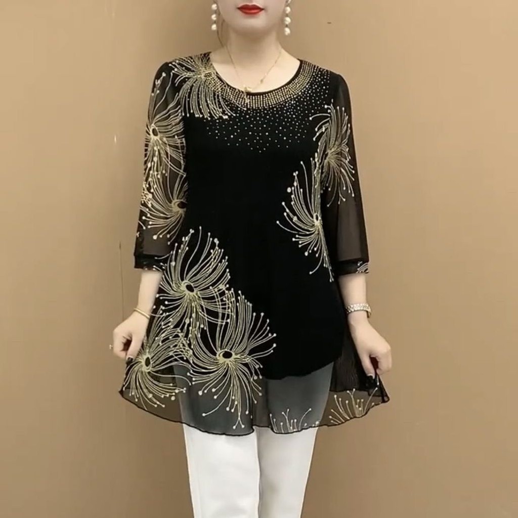 ฤดูร้อนสามไตรมาสแขนตาข่ายเสื้อยืดวัยกลางคนผู้สูงอายุแม่ฤดูร้อนรอบคอด้านบน