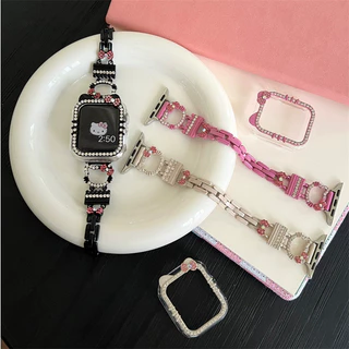 Hello Kitty Diamond Bow Bling Case สําหรับ I-Watch ขนาด 46/42 มม.40 มม.41 มม.44 M 45 มม.เพชรกันชน + หน้าจอสําหรับ iWatch Series 10 9 8 7 6 5 4 SE 2 Smart Watch Case