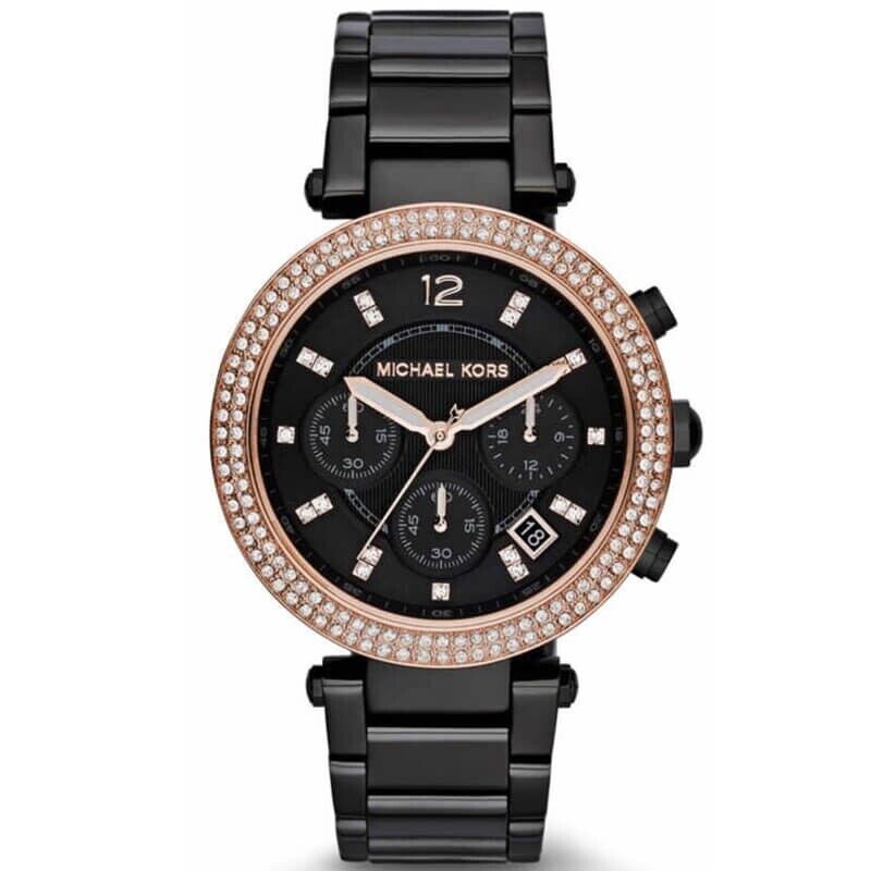 MICHAEL KORS MK5885 Parker Chronograph Rose Gold Bezel Black Ladies Wrist Watch